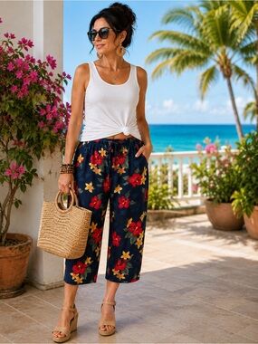 Sunset Cove Tropical Rayon Capri Pants M Hibiscus Beach Cruise Resort
